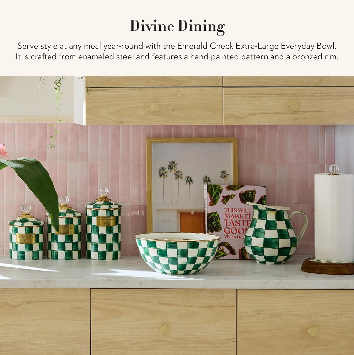 MACKENZIE-CHILDS Enamel Everyday Bowl, Serving Bowl for Entertaining, Extra Large, Green-and-White Emerald Check