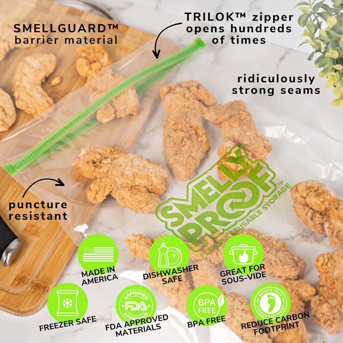 Smelly Proof Reusable Freezer Bags for Food Storage MADE IN USA, Easy Clean, Dishwasher-Safe, BPA FREE, NO PEVA, XXL 3-mil Thick Bags, Extra Large+ Clear FLAT 12" x 16", 2-GALLON, 5-Pack