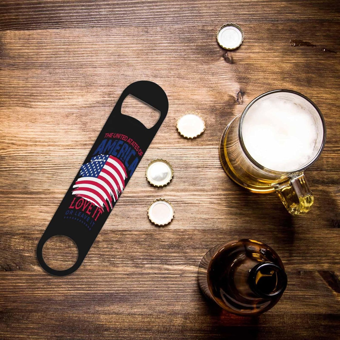 Flag Design Stainless Steel Bottle Opener The United States of America Love It or Leave It Love America Flat Beer Bottle Opener Keychain for Home Kitchen Bar Restaurant Party Birthday Gift