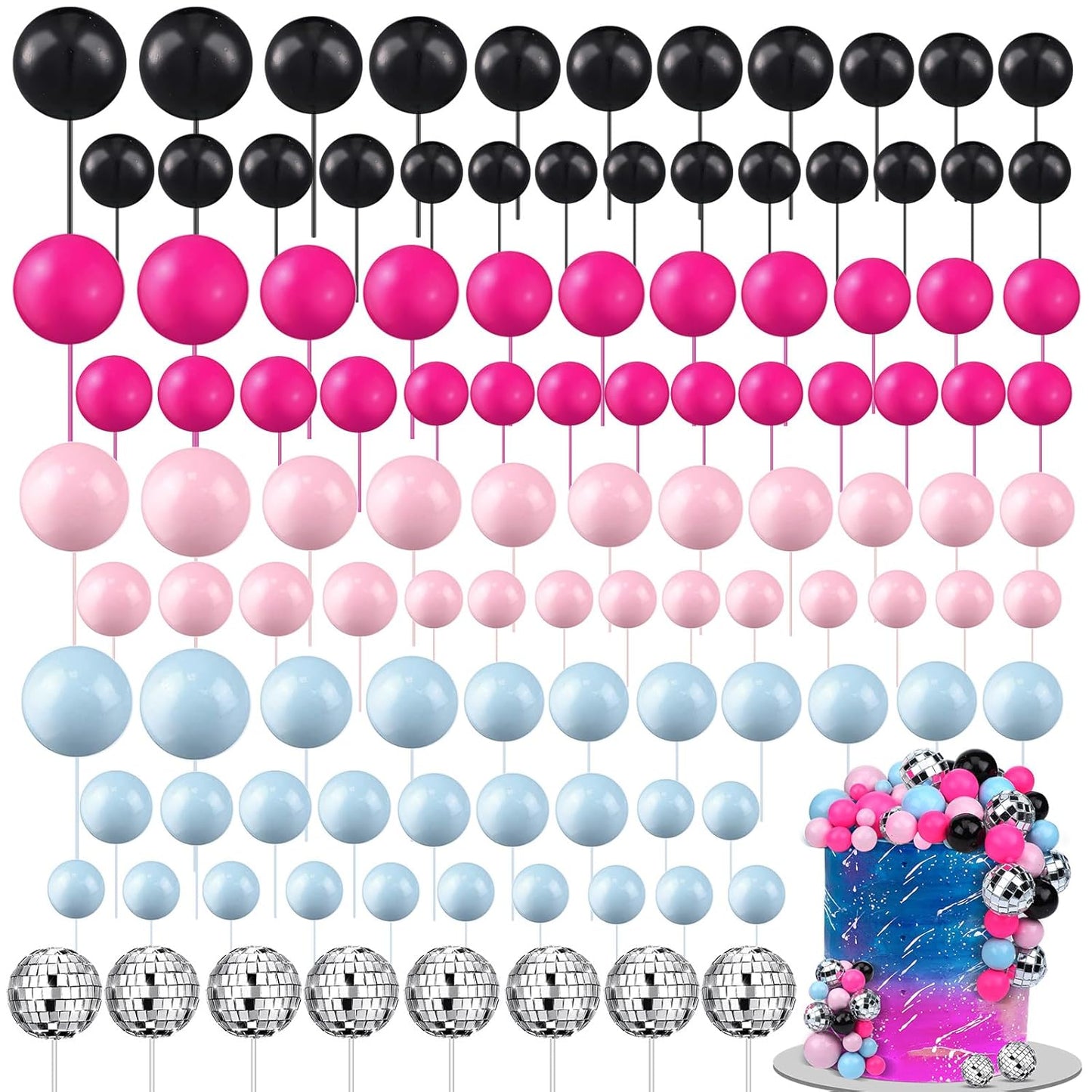 108 Pcs Balls Cake Topper DIY Cupcake Insert Foam Balloons for Cake Baking Wedding Anniversary Birthday Decoration(Graceful Colors,Multi Sizes)