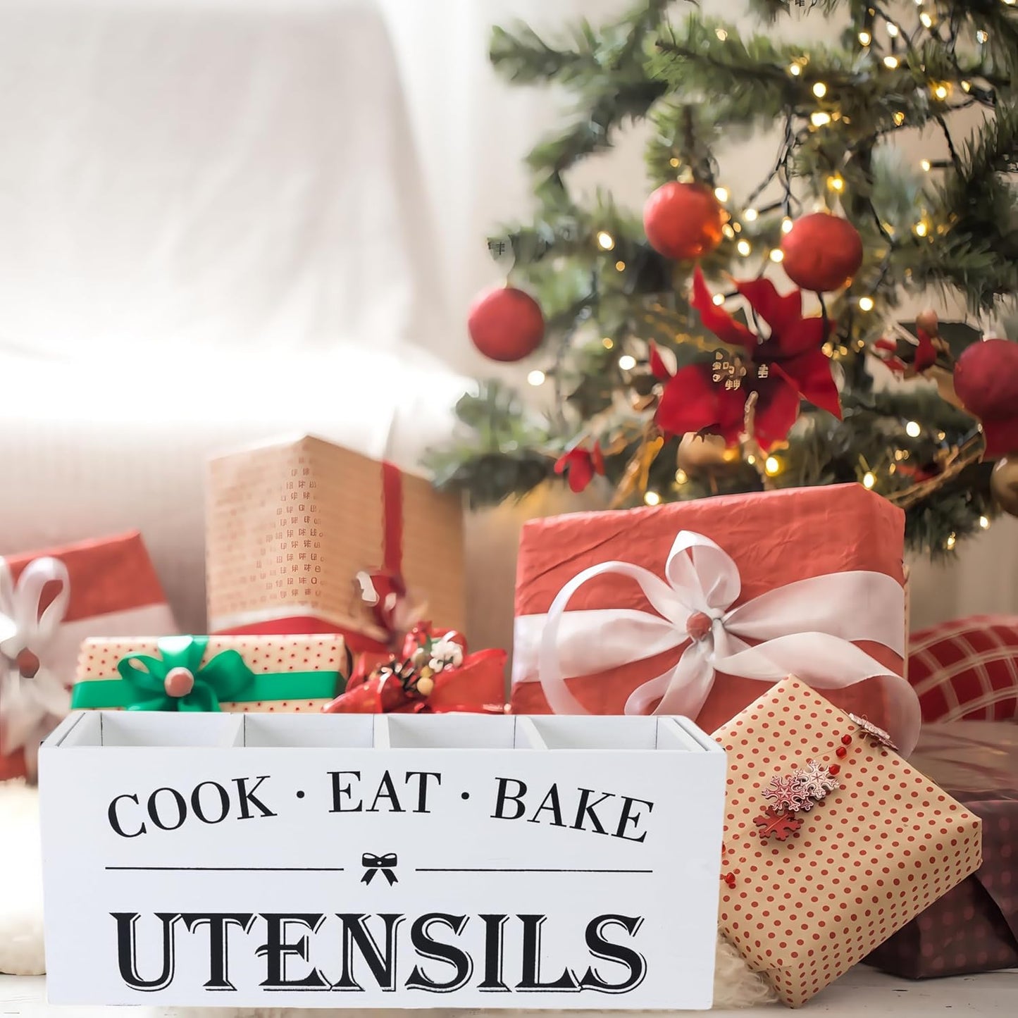 Utensil Holder,Extra Large Wooden Utensil Holder For Kitchen Counter,Cooking Spatula Organizer,Big Storage Caddy With 4 Compartments Flatware Spoon Tool Cutlery（White）