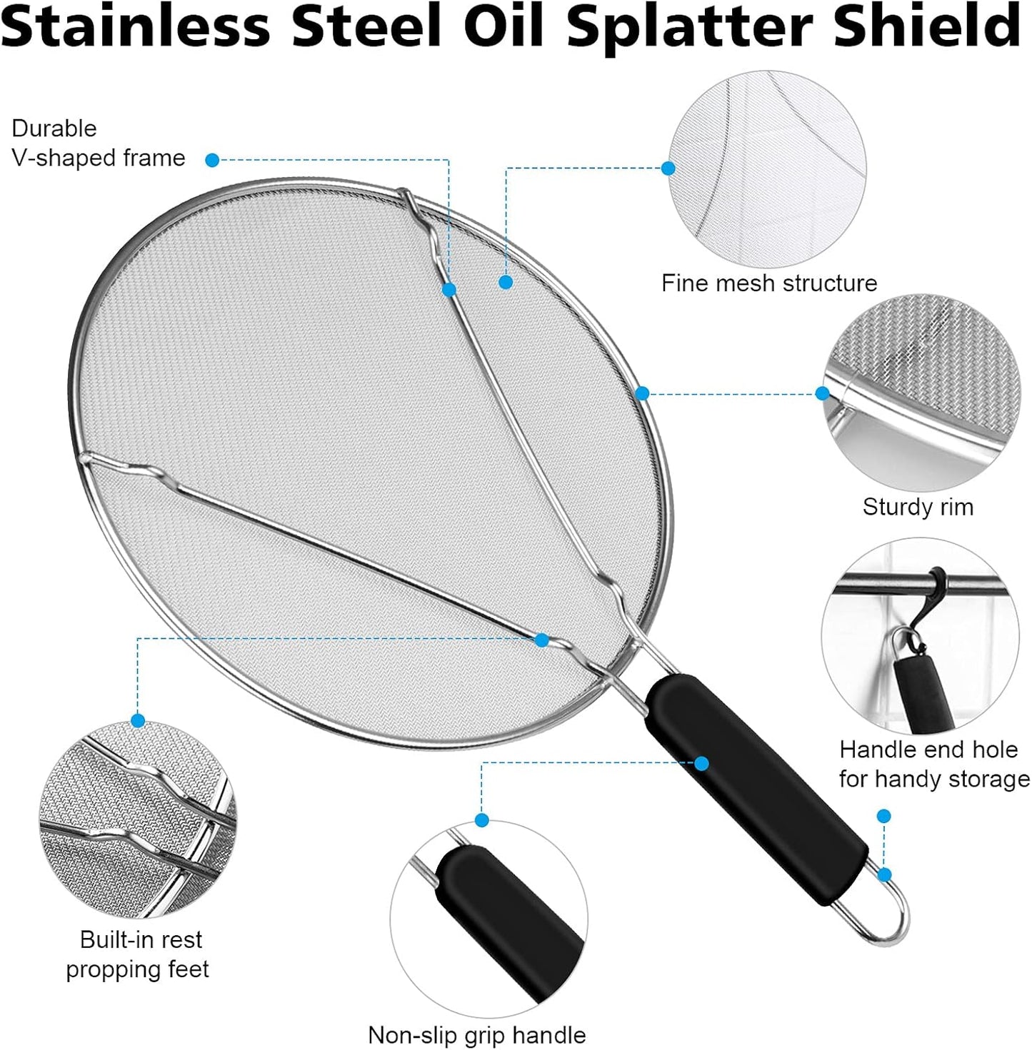 Splatter Screen for Frying Pan - 9.8" 11.4" 13" Stainless Steel Fine Mesh Grease Splatter Guard with Silicone Handle, Hot Oil Splash Guard for Cooking to Prevent Oil Splatter, Safe Cooking