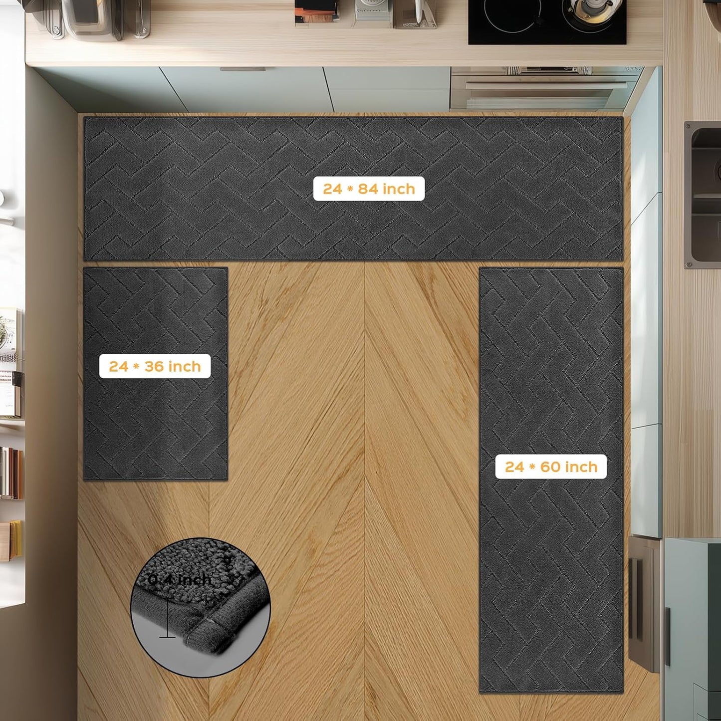 Machine Washable Kitchen Rugs 24" x 84", Non-Slip Kitchen Runner Rugs Mats for Floor, Absorbent Comfort Standing Mats for Kitchen, Sink, Laundry and Hallway, Rolled Packaging, Charcoal