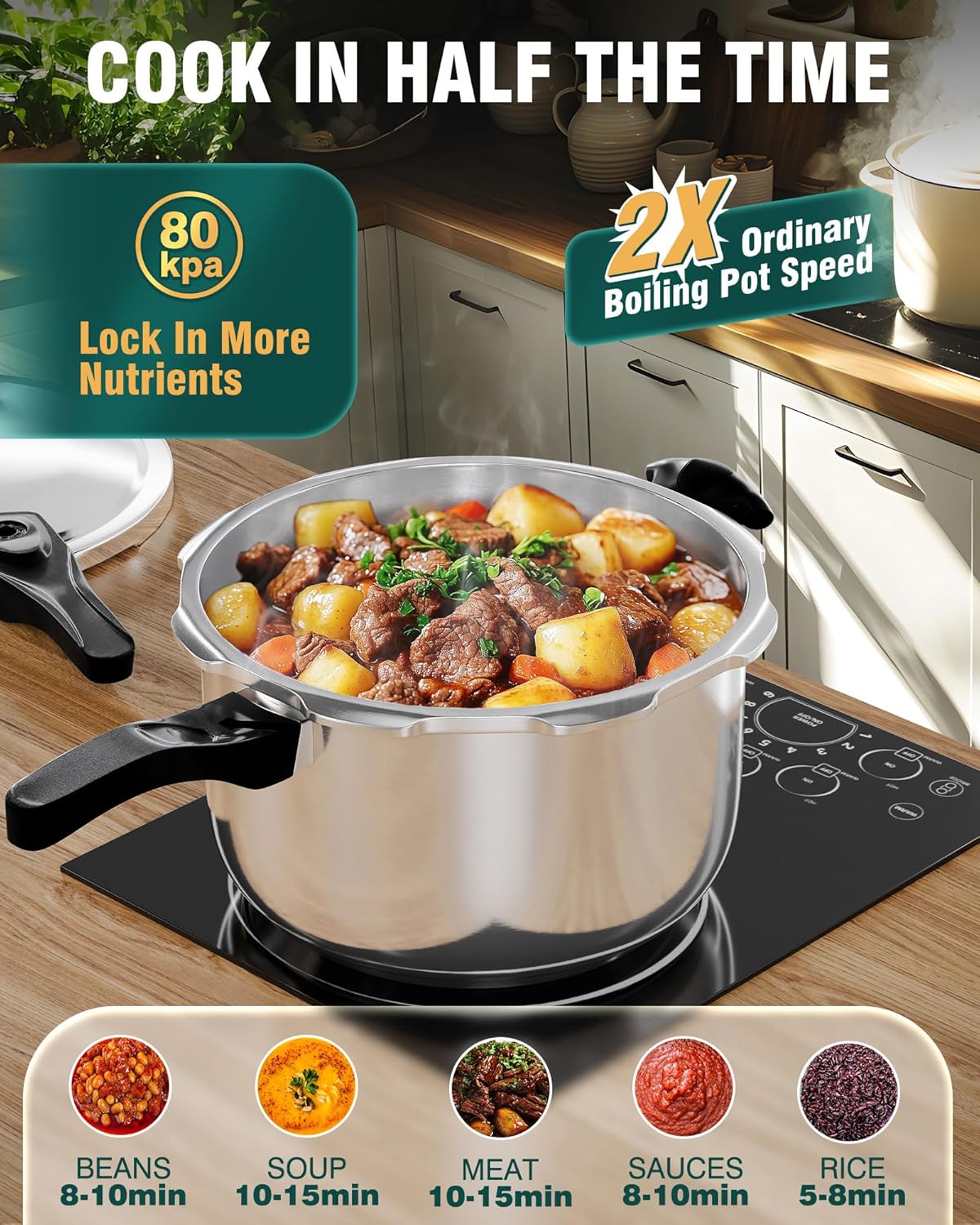 WantJoin Pressure Cooker, 8 Quart Stainless Steel Pressure Canner, Induction Compatible Cookware with Spring Valve Safeguard Devices,Compatible with Gas & Induction Cooker