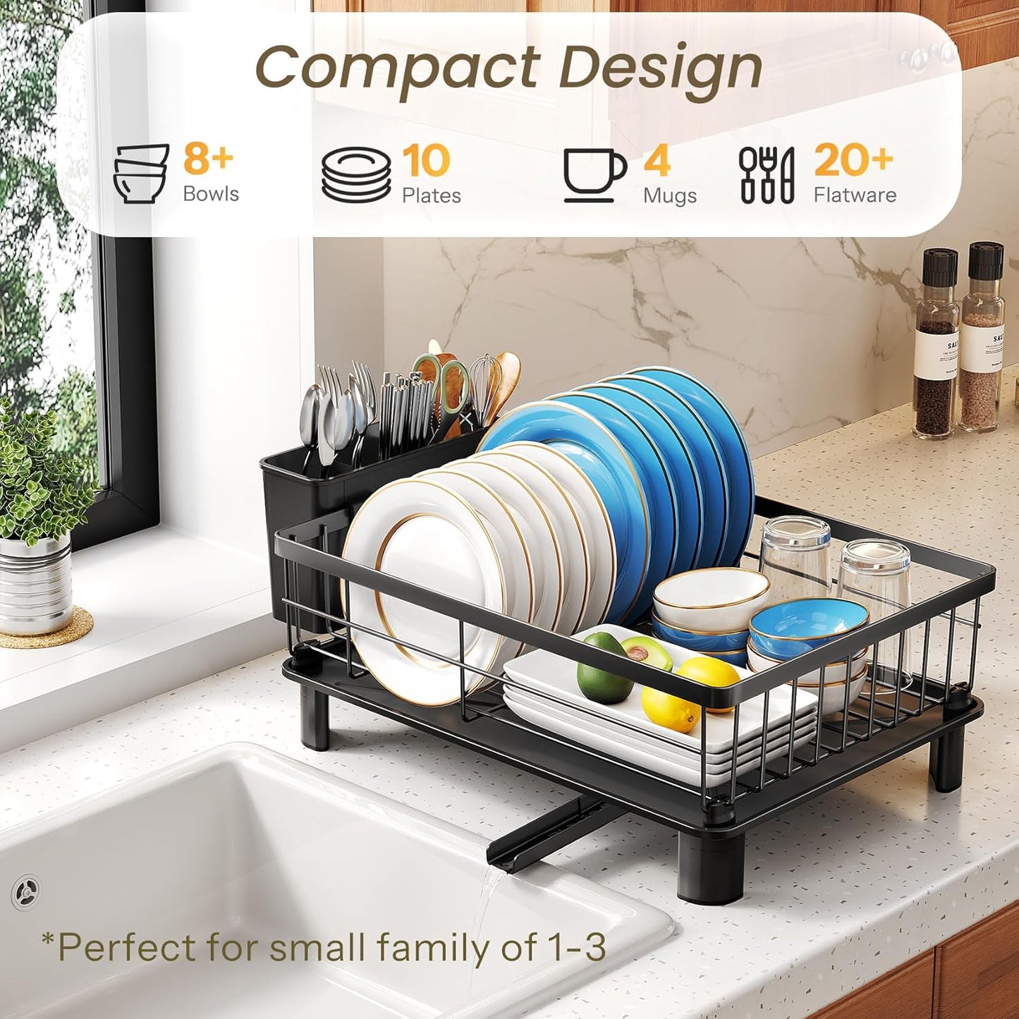 Dish Drying Rack - Small Dish Rack for Kitchen Counter, Stainless Steel Dish Drainer with Utensil Holder and Drainboard (Black)