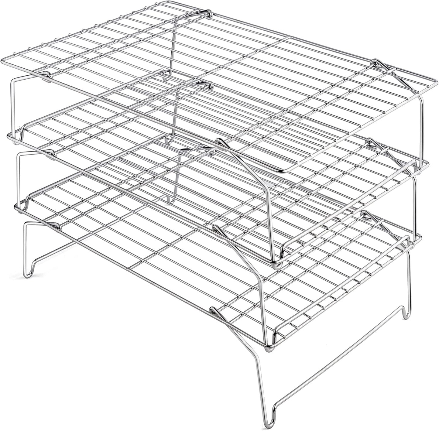 15IN x 10IN Cooling Baking Rack Set of 3, Leonyo 3-Tier Stackable Stainless Steel Wire Baking Cooking Racks Set for Cookie, Pizza, Cup Cake, Raised & Folding Feet