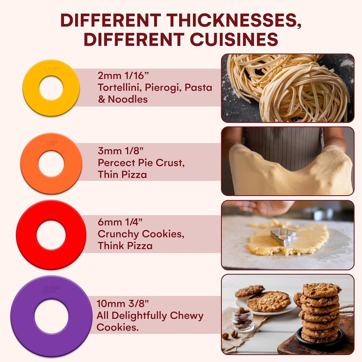 Kitchtic Rolling Pin with Thickness Rings - Adjustable Wooden Rolling Pin - Baking Essential and Roller Tool - Consistent Thickness - Easy to Clean - Beechwood Material - 13.7 x 2.75 x 2.75 inches