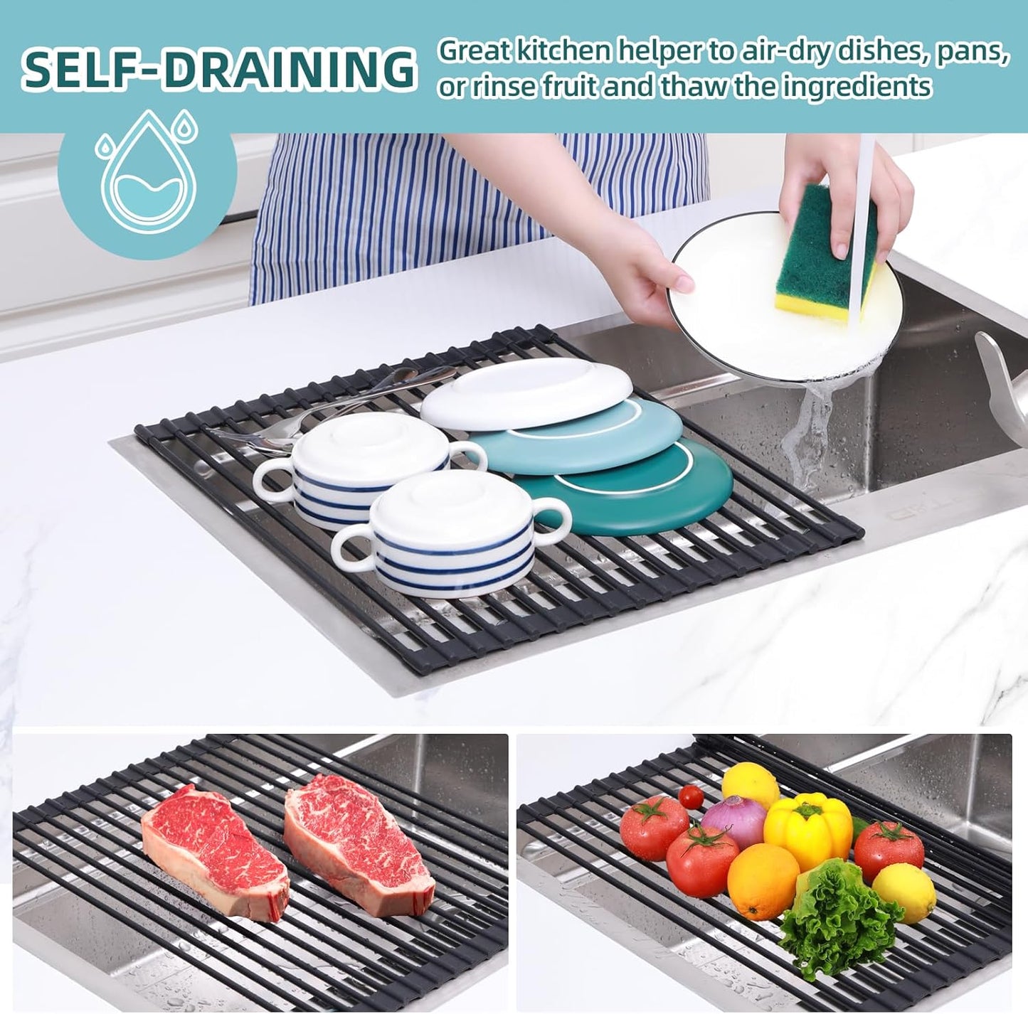 Ohuhu Roll Up Dish Racks, 16.5" L x 13" W Over The Sink Dish Drainer Drying Rack Kitchen Sink Organizer Silicone Wrapped Large in Sink Dish Drying Rack Foldable Rolling Drain Mats Anti-Slip