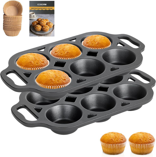 Pre-Seasoned Cast Iron Muffin Pan - 6-Cup Nonstick Cupcake Pan, 2 Piece Set