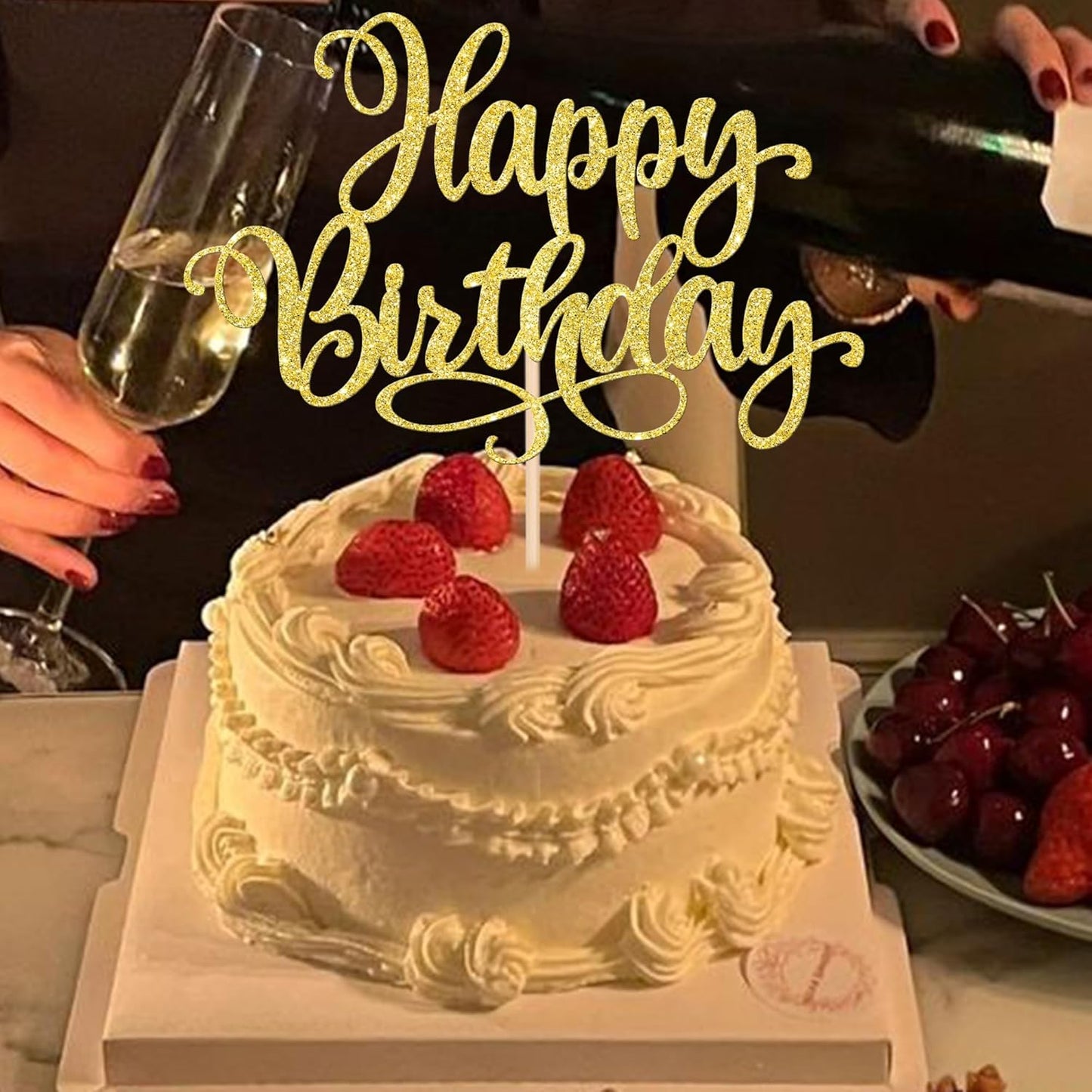 1 PCS Happy Birthday Cake Topper Glitter Happy Birthday Cake Pick Bunting Decor for Anniversary Celebrating Happy Birthday Party Cake Decorations Supplies Gold