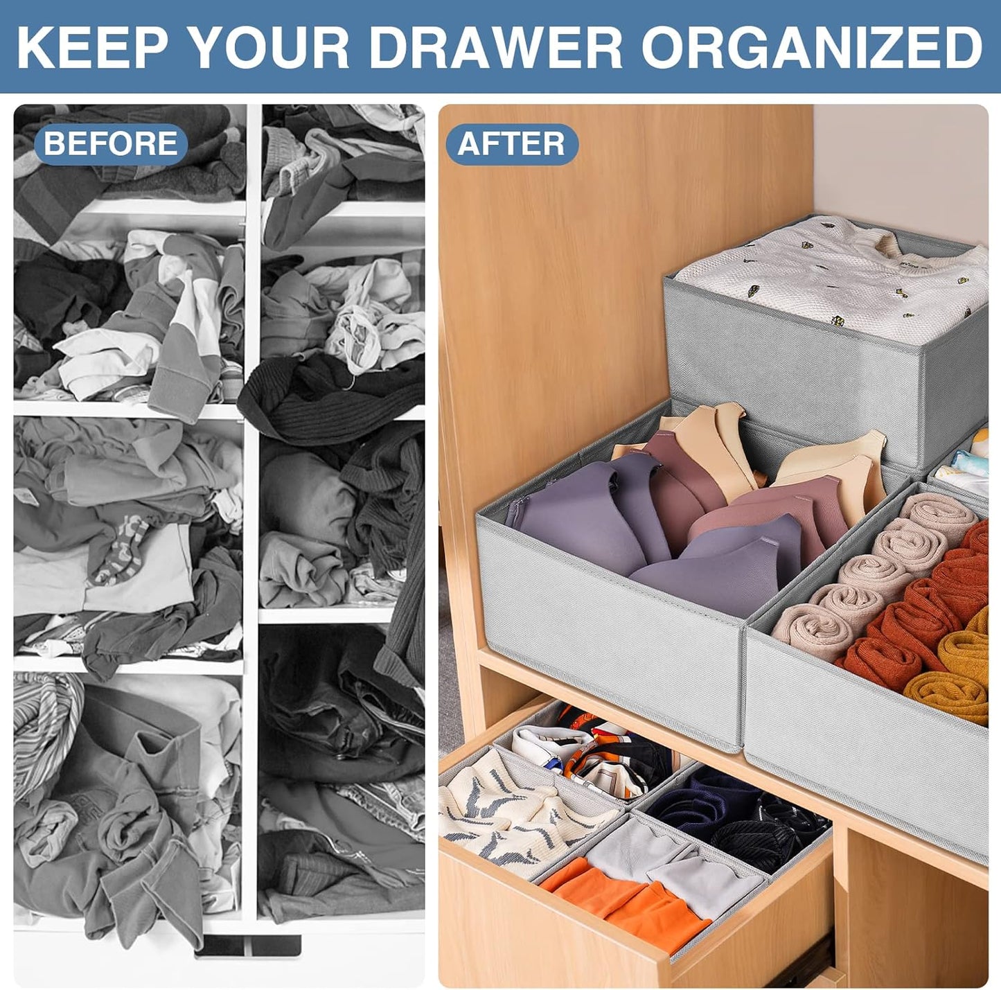 Criusia Drawer Organizer Clothes 24 Pack, Fabric Closet Organizers and Storage Bins for Underwear Sock, Odorless Dresser Drawer Dividers for Baby Nursery Organization (Grey)