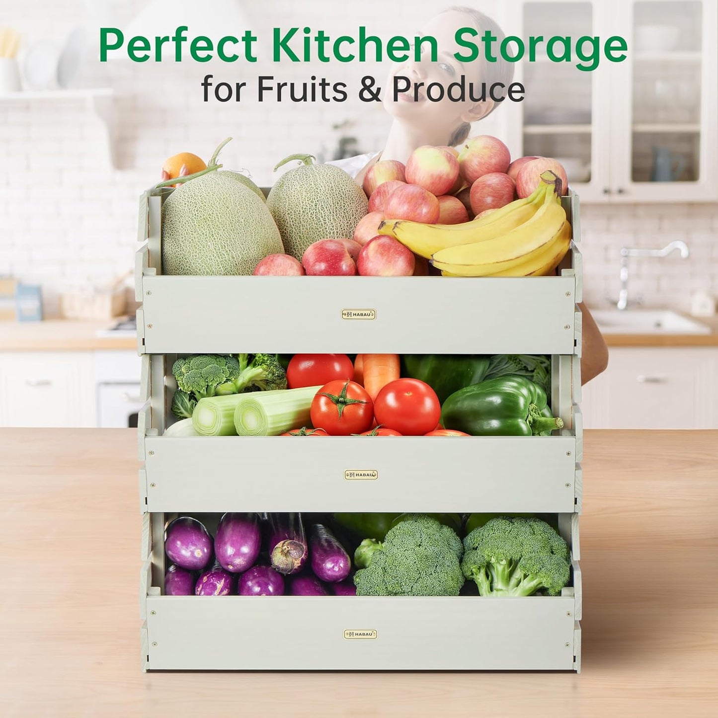 HABAU Wood Potato Onion Storage Bins - Wooden Stackable Produce Basket - Fruit Vegetable Storage for Kitchen Pantry Organization, Set 3 Pieces
