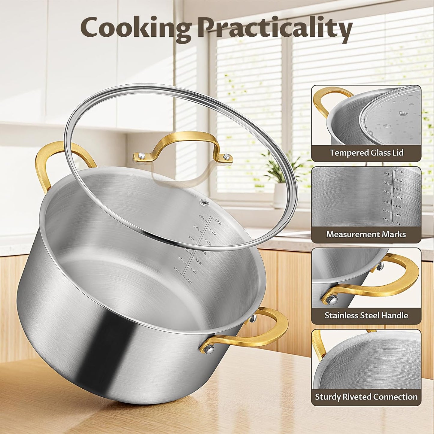 BEZIA 10 Quart Tri-Ply Stainless Steel Stock Pot, Nonstick Stockpot with Sturdy & Double Handle, Even Heating, Induction Cooking Pot for All Stoves, Large Soup Pot for Catering，Groups, Events, Silver