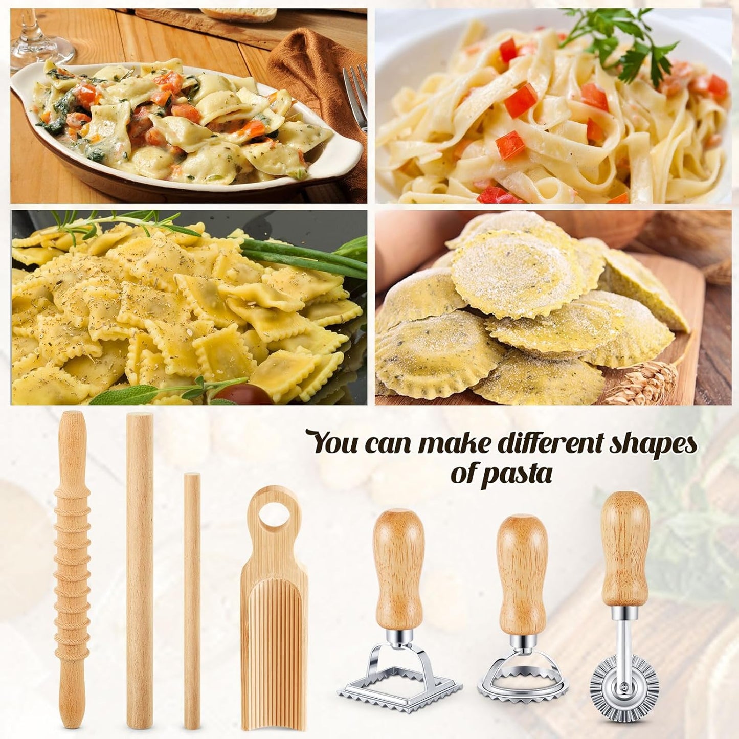 Tioncy 7 Pcs Gnocchi Pasta Making Tool, Wood Gnocchi Board with Ravioli Stamp and Rolling Pin Set Homemade Kitchen Gift for Baking Lovers(Curve Style)