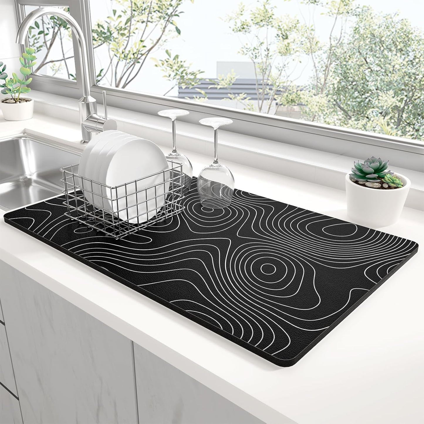 Rnivvi Dish Drying Mat for Kitchen Counter, XL 15 x 24" Cute Marble Super Absorbent Draining Pad, Non-Slip Heat Resistant Coffee Bar Mats for Coffee Machine Station Accessories, Line Art Dish Rack Pad