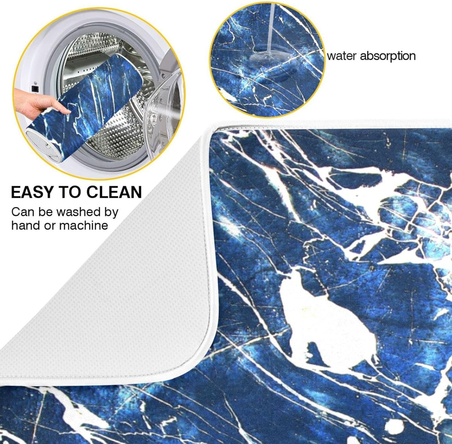 Super Absorbent Dish Drying Mat, Microfiber Fast-Drying Dish Mat, 16" x 18", Kitchen Dish Drying Pad, Marble Black Navy Blue