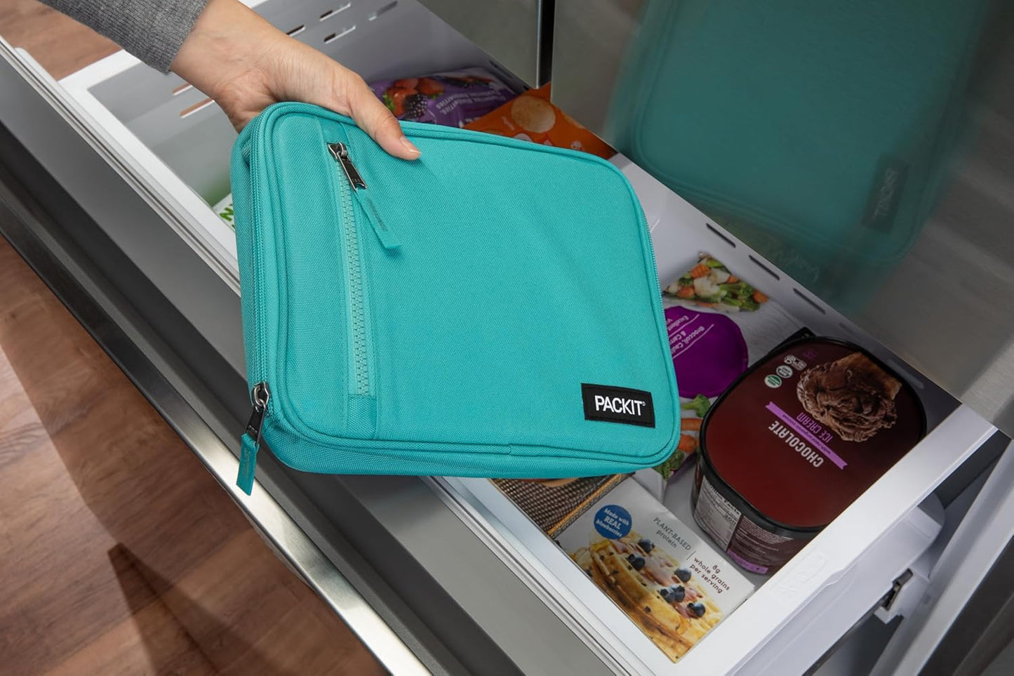 PackIt Freezable Classic Lunch Box, Teal, Built with ECOFREEZE Technology, Collapsible, Reusable, Zip Closure With Zip Front Pocket and Buckle Handle, Designed for Fresh Lunch On the Go