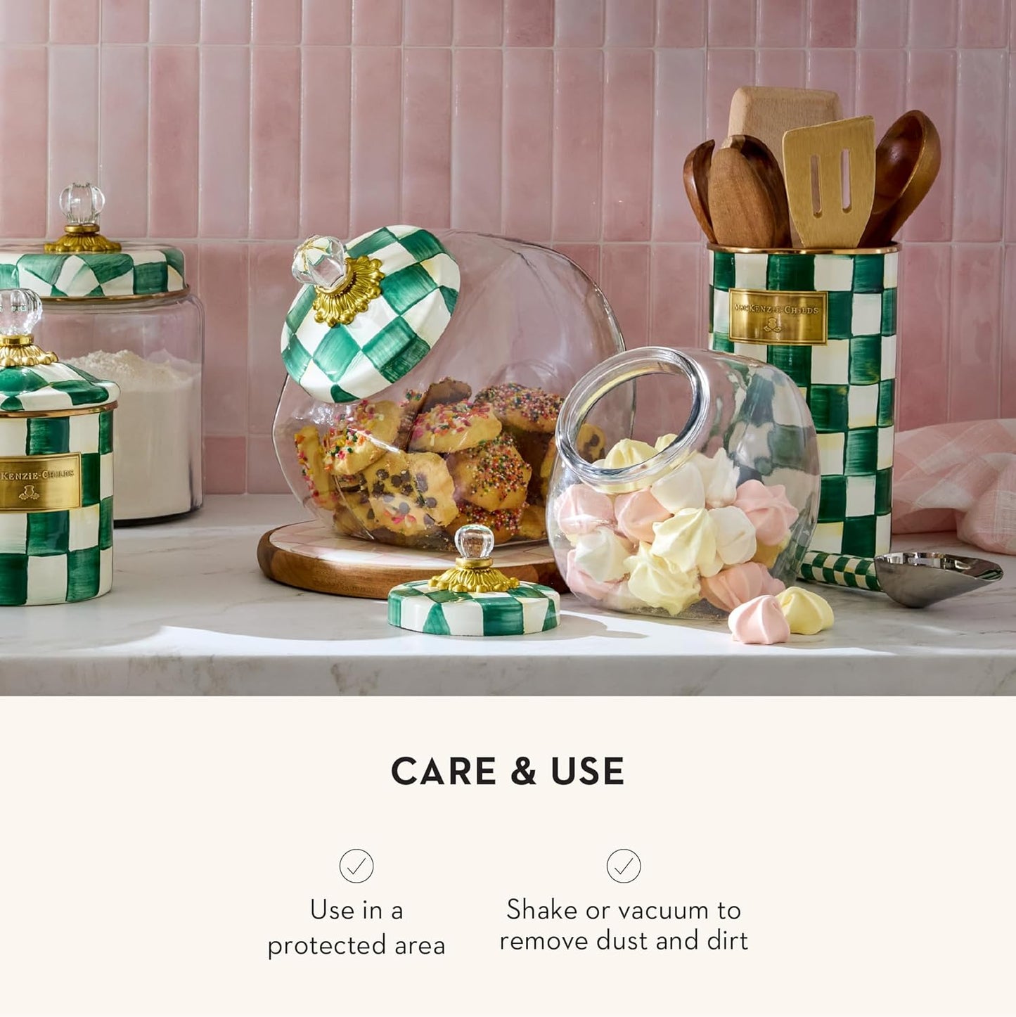 MACKENZIE-CHILDS Enamel Utensil Holder, Kitchen Utensil Holder for Countertop, Green-and-White Emerald Check