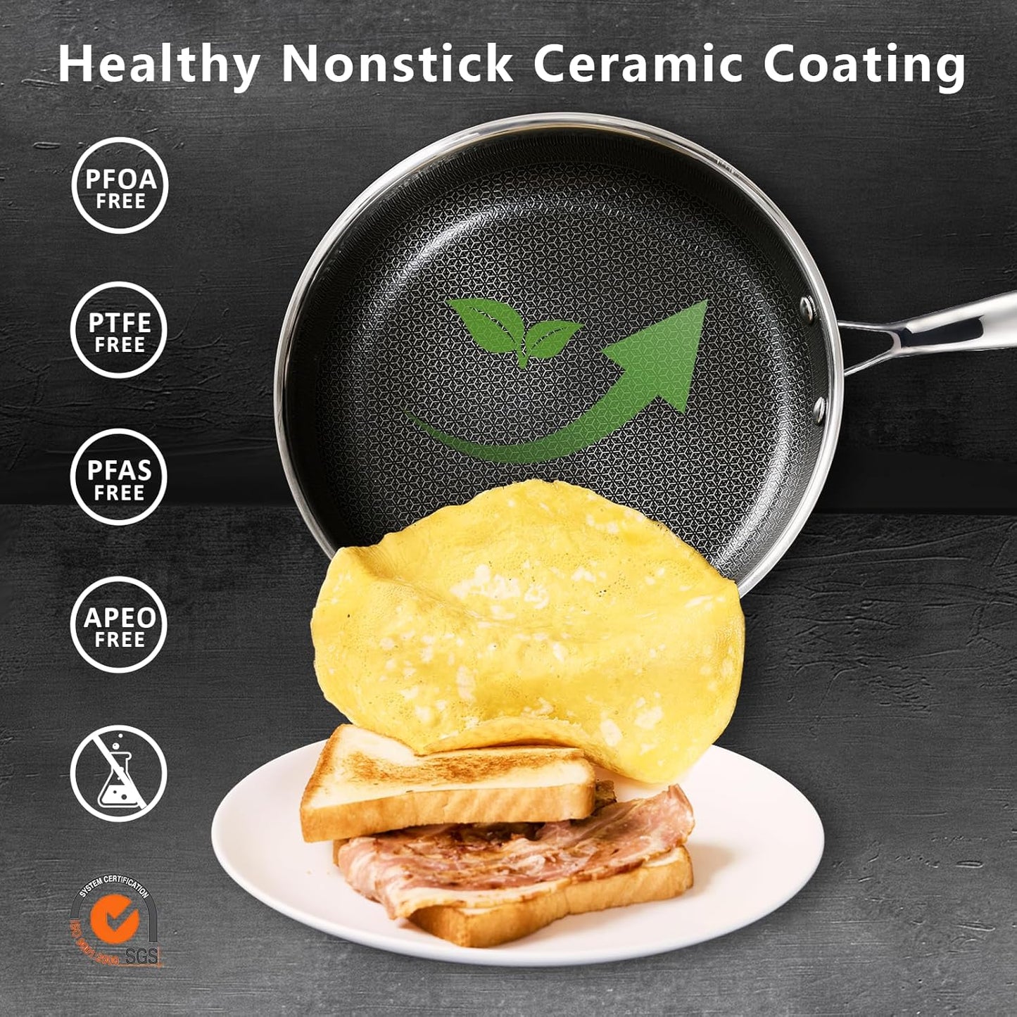 Non Stick Frying Pans Set, Hybrid 8" 9.5" 11" Frying Pan Set, Skillet with Stay-Cool Handle, Non Toxic, PFAS PFOA PTFE Free, Dishwasher & Oven Safe, Induction, Compatible with All Cooktops