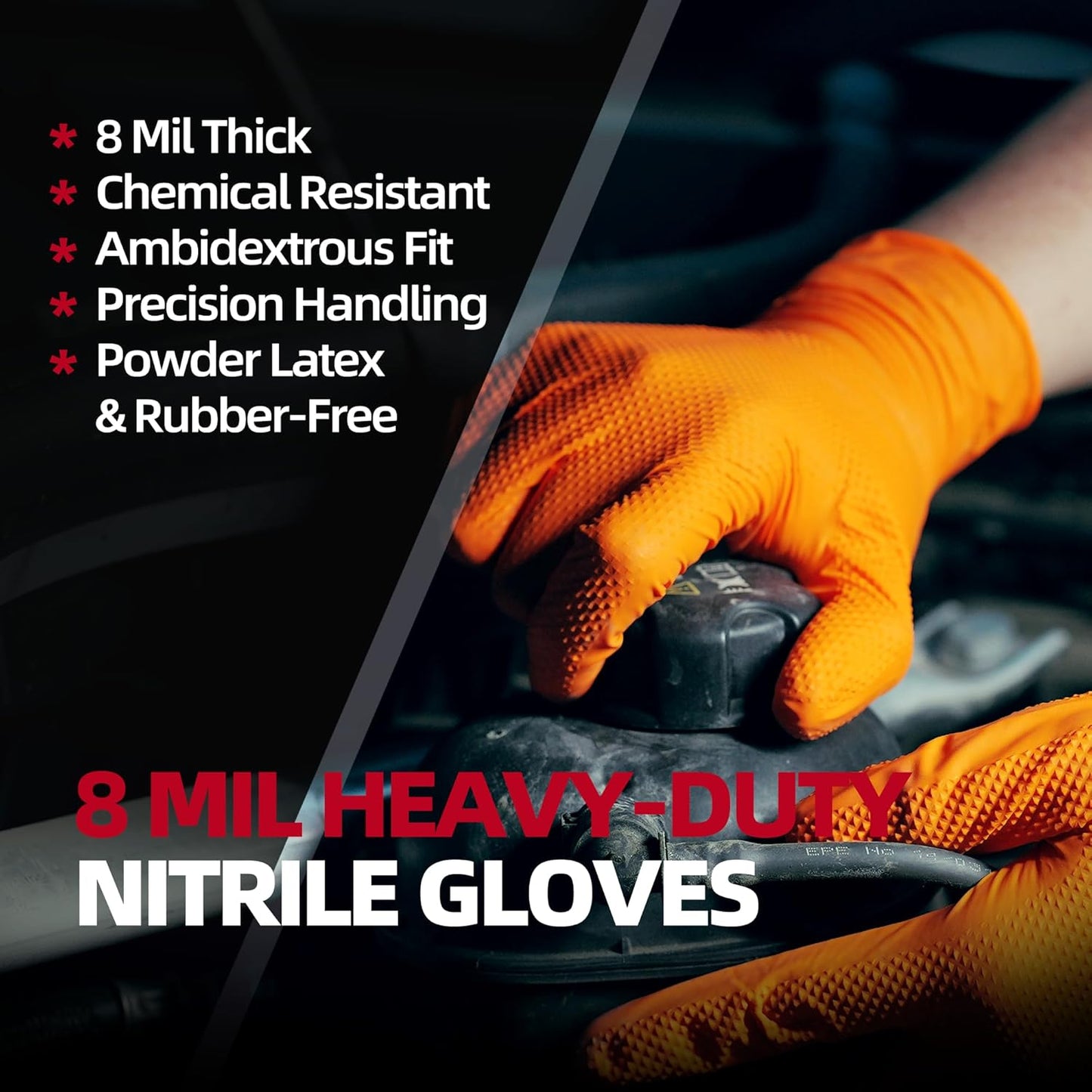 Jointown Basic Heavy Duty Nitrile Gloves, Mechanic Gloves 8 Mil Nitrile Disposable, with Raised Diamond Texture, Case of 100, Orange, Medium