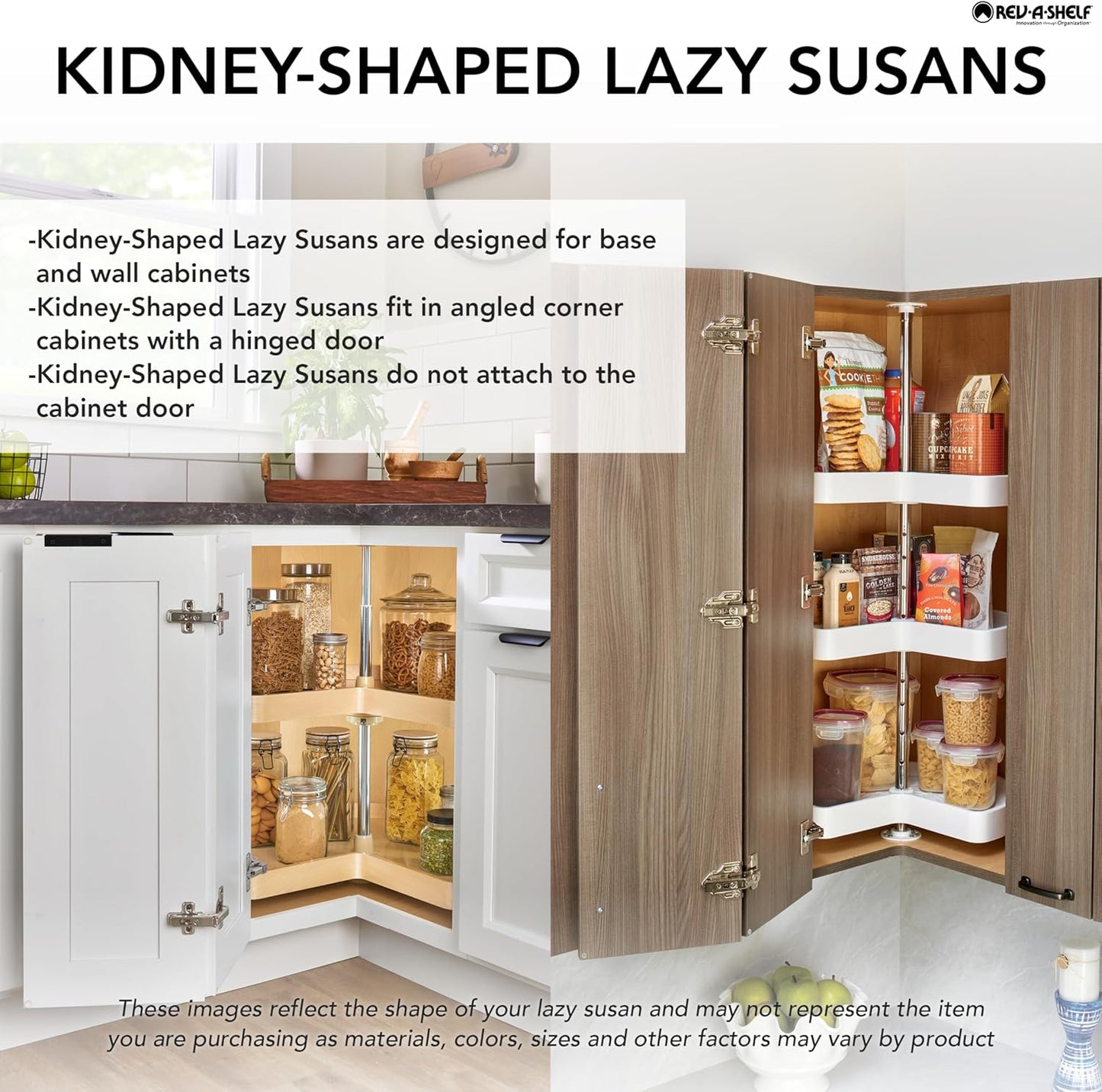 Rev-A-Shelf Dual Shelves Kidney-Shape 32" Lazy Susan Organizer for Lower Corner & Base Kitchen Cabinets, Turntable Home Storage, Wooden, 4WLS472-32-52