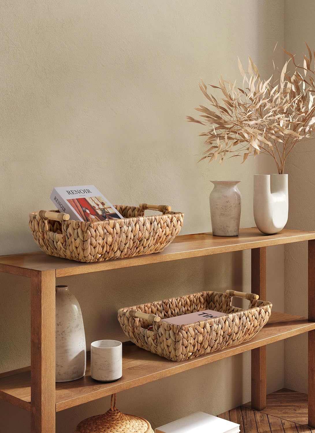 Water Hyacinth Storage Baskets with Wooden Handles，Large Wicker Baskets for Organizing Set of 2