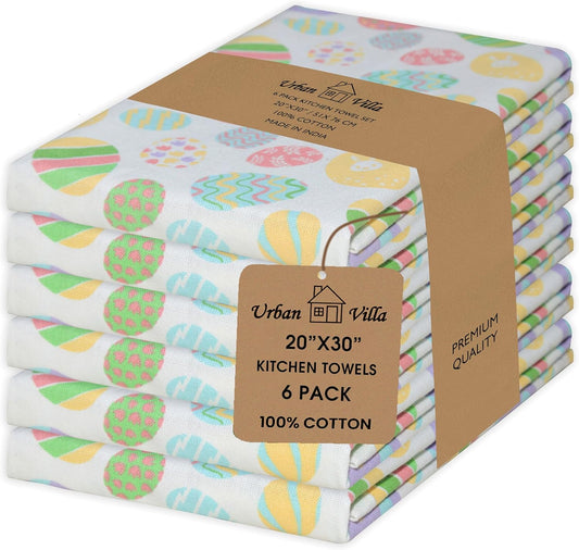 Urban Villa Kitchen Towels Set of 6 Dish Towels for Kitchen 100% Cotton Easter Print Kitchen Towels Mitered Corners Oversized 20X30 Inches Kitchen Towels Highly Absorbent Kitchen Hand Tea Towels