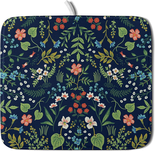 Flower Floral Dish Drying Mat 18x24 inch Microfiber Navy Blue Drying Mats with Hanging Loop Absorbent Green Leaves Dish Drainer Mat Reversible Flowers Drying Pad for Kitchen Counter Sink