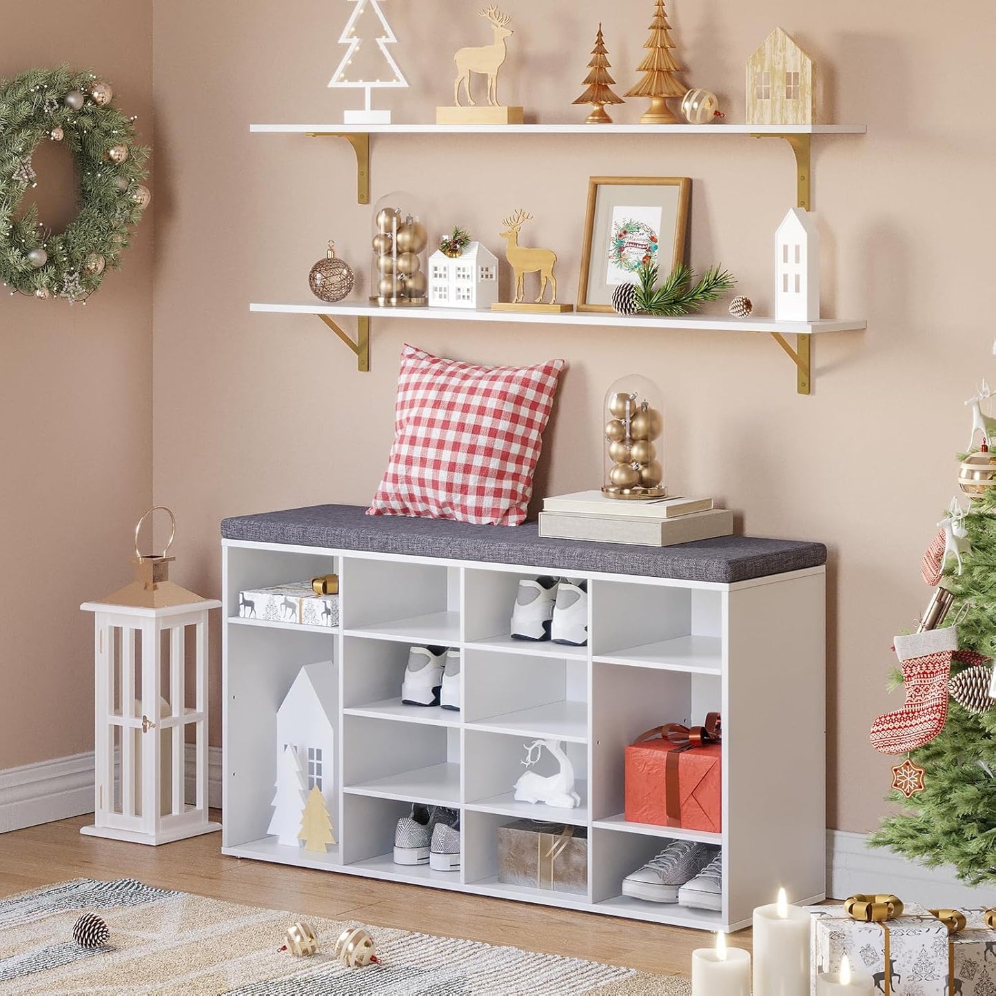 DINZI LVJ Long Wall Shelves, 47.3" Wall Mounted Shelves Set of 4, Large Floating Shelves for Wall with Metal Brackets, for Living Room, Bathroom, Bedroom, Kitchen, White and Gold