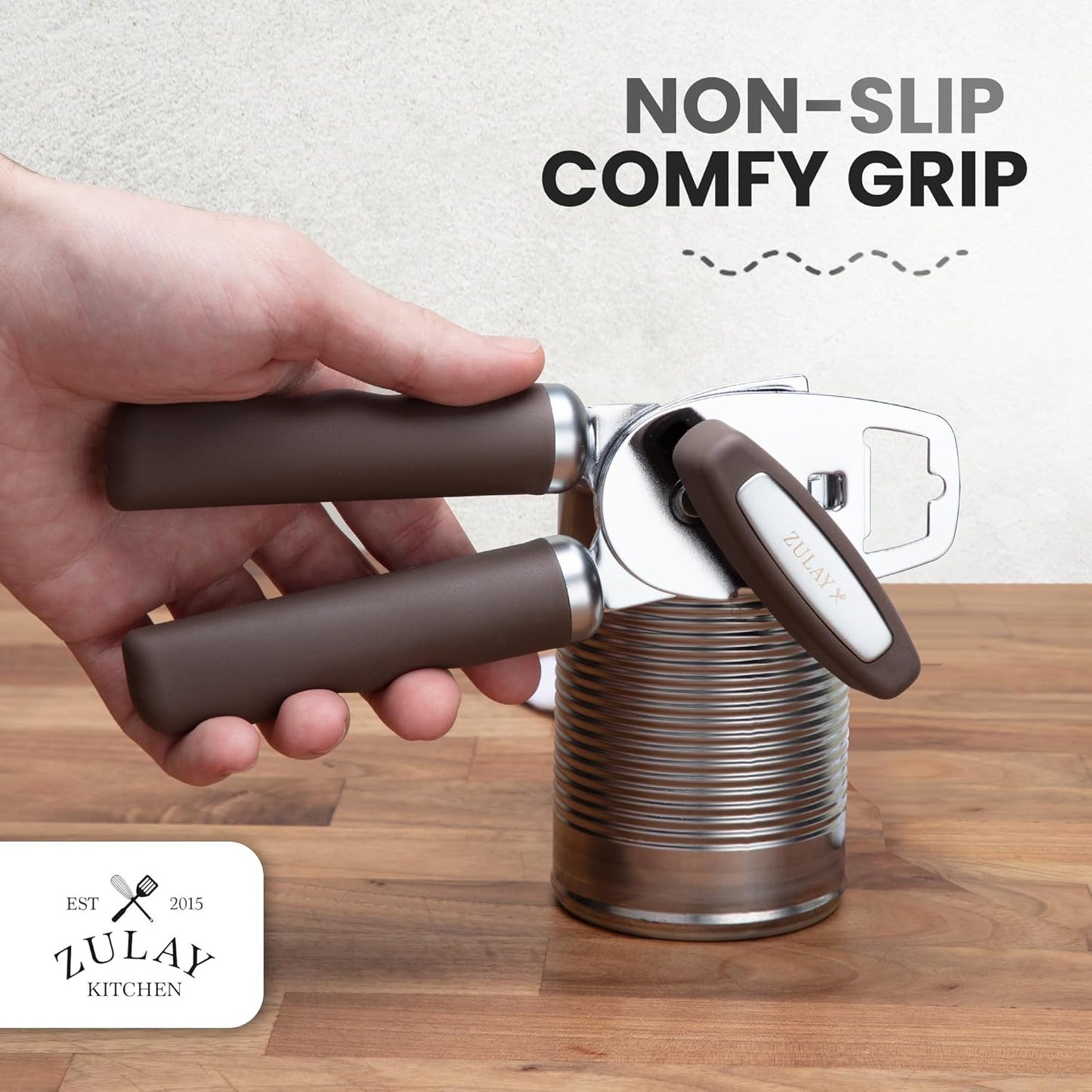 Zulay Kitchen Heavy Duty Stainless Steel Can Opener Manual with Bottle Opener - Rust Proof Manual Can Opener With Turn Knob & Comfy Soft Grip Handles - Brown