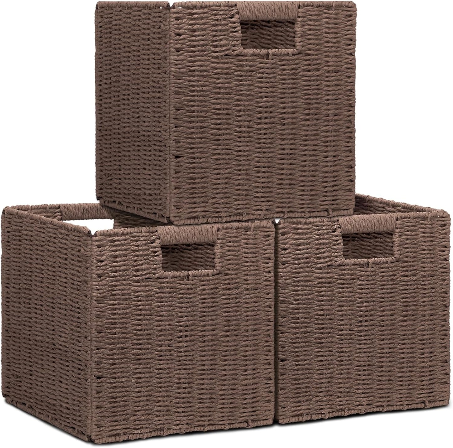 Wicker Storage Baskets for Organizing, 3 Pack Rustic Foldable Square Basket for Shelves, Handwoven Cubby Organizer Bins for Home Decor, Small Cube Storage Bin for Closet Organization (Brown 11 inch)