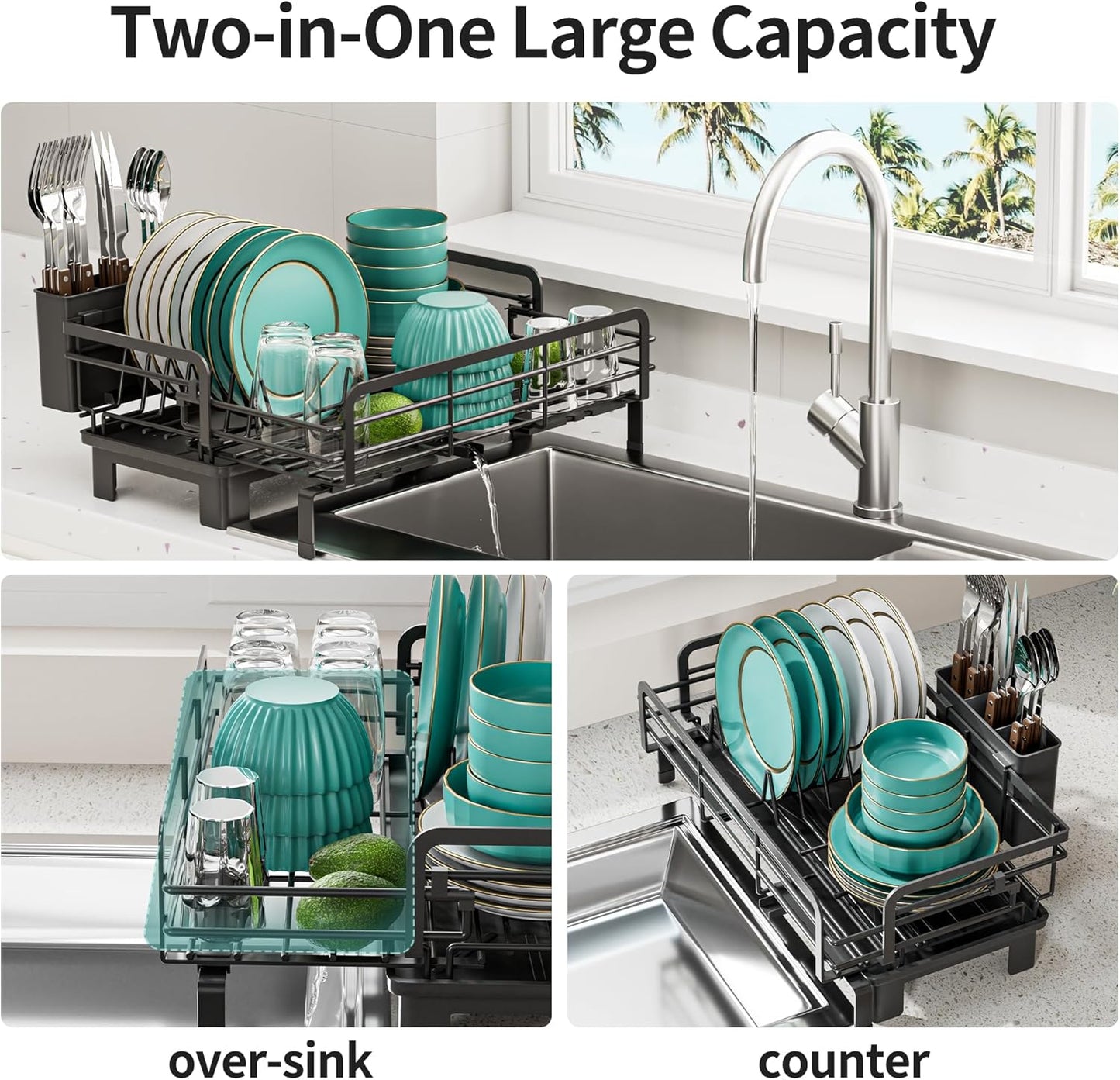 Small Dish Drying Rack - Extendable Dish Rack for Kitchen Counter, Rustproof Dish Drainers with Utensil Holder, Perfect for Apartments, RVs and Small Spaces,16.5" D x 7.5"-12.5" W x 6.5" H