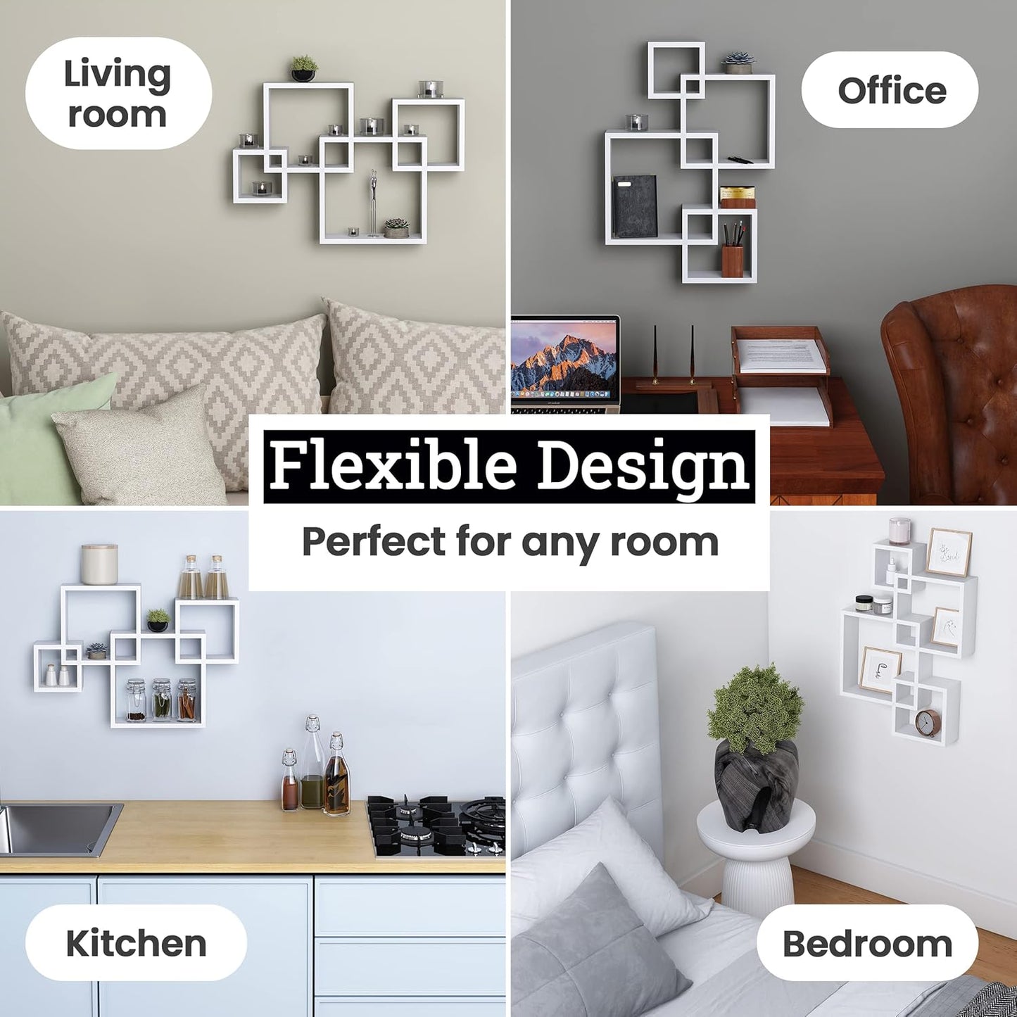 Greenco 4 Cube Intersecting Shelves, Easy-to-Assemble Floating Wall Mount Shelves for Bedrooms and Living Rooms, Natural Finish