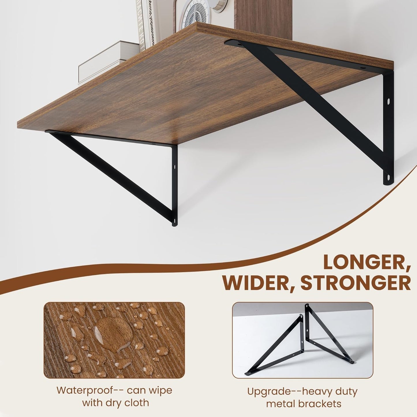 Heimlove 12 Inch Deep Floating Shelves for Wall, 24W x 12D Wood Wall Shelves Set of 2, Walnut Wide Floating Bookshelf for Living Room, Kitchen, Office, Bedroom, with Black Metal Bracke - Walnut