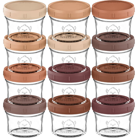 KeaBabies 12pk 4oz Glass Baby Food Containers with Lids - Leak-Proof, Microwavable Small Glass Jars, Baby Purees & Toddler Snack Storage Containers, BPA-Free, Dishwasher & Freezer Safe (Terracotta)