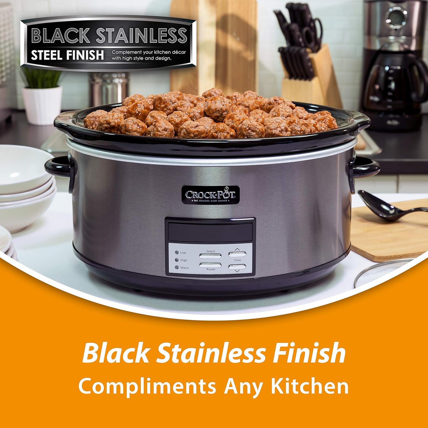 Crock-Pot Large 8-Quart Programmable Slow Cooker with Auto Warm Setting Black Stainless Steel