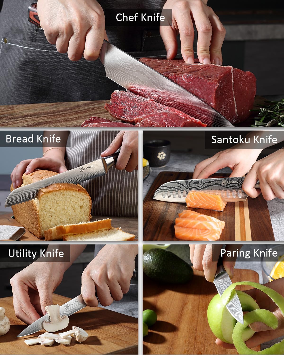 PAUDIN Kitchen Knife Set, Ultra Sharp Knife Set with Pakkawood Handle, High Carbon Stainless Steel Knives Set for Kitchen, 5 Piece Chef Knife Set Come with Gift Box