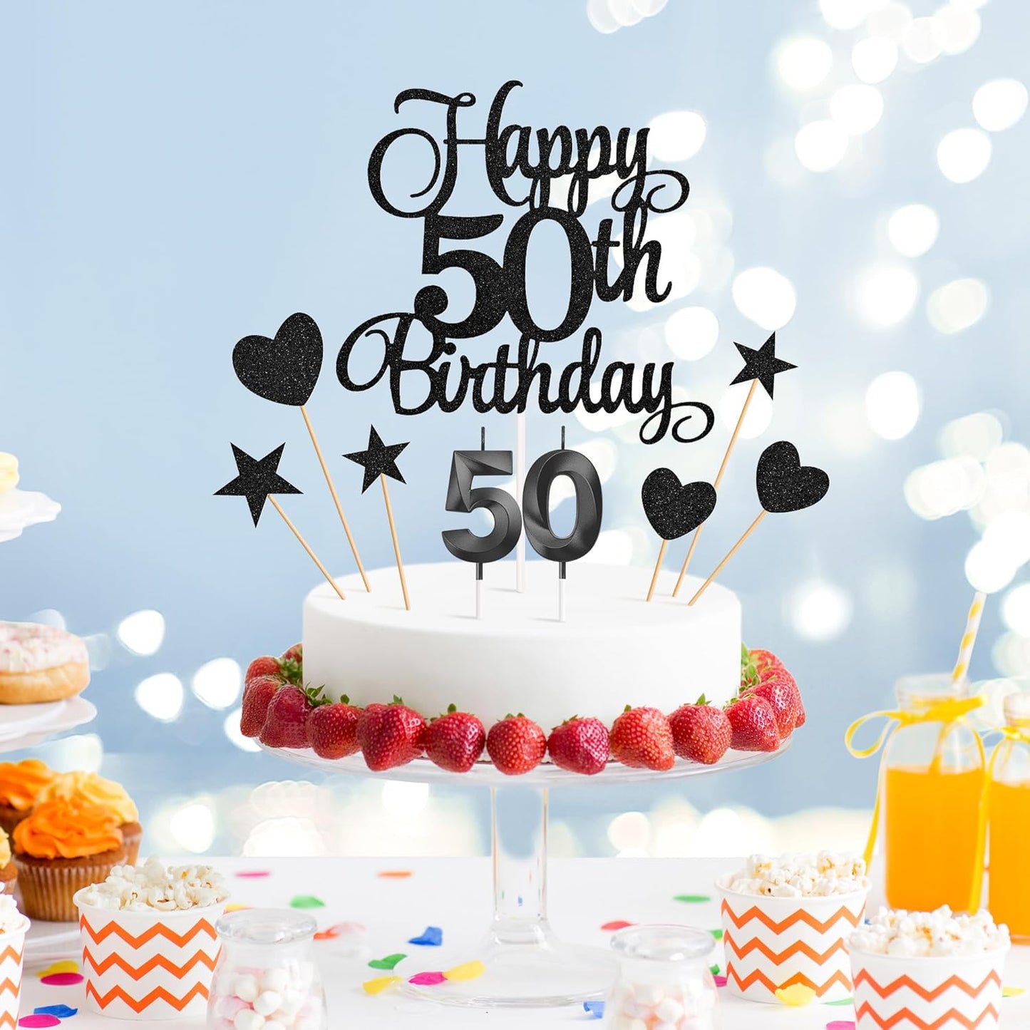 50th Birthday Cake Decorations, 50th Birthday Candles Cake Numeral Candles and Glitter Happy 50th Birthday Cake Toppers Set for Birthday Party Supplies (Black)
