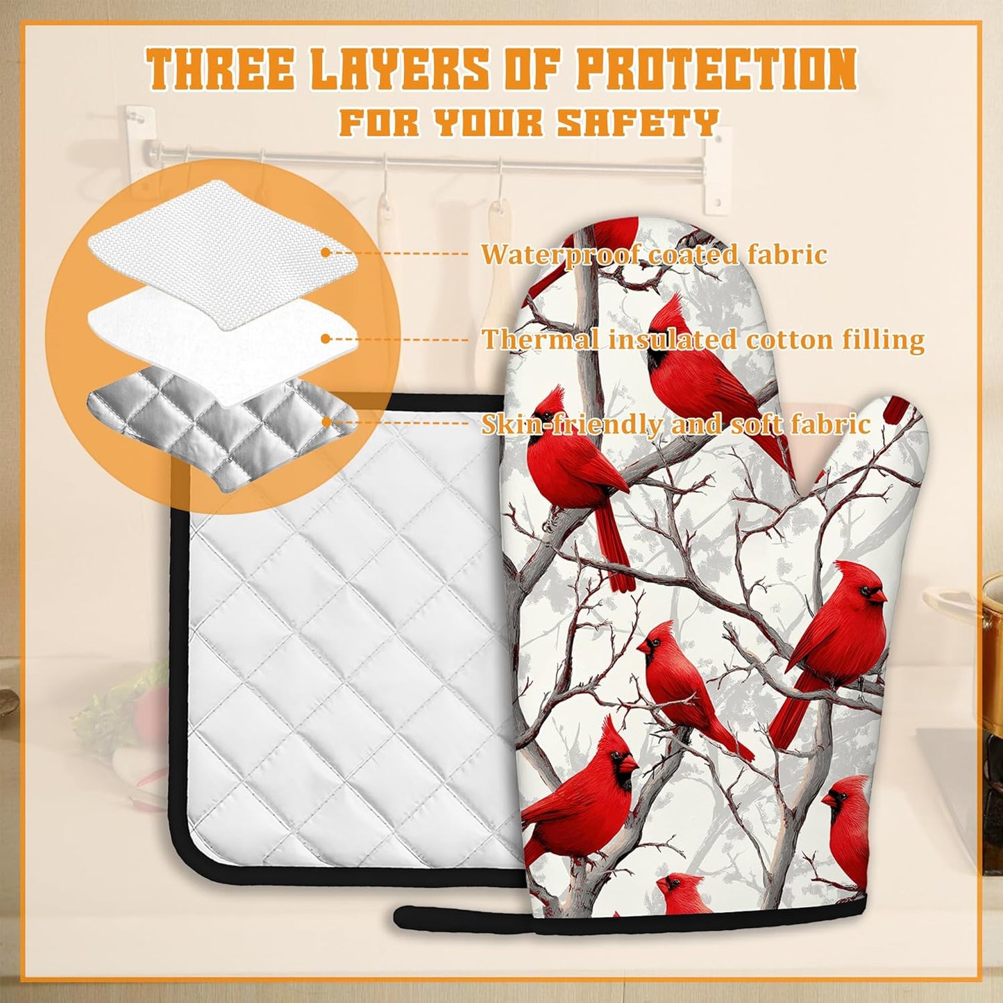 Red Cardinal Oven Mitts and Pot Holders Set,Christmas Winter Kitchen Oven Gloves and Pot Holder with Heat Resistant Non Slip for Cooking Baking Grilling(4 Piece Set)