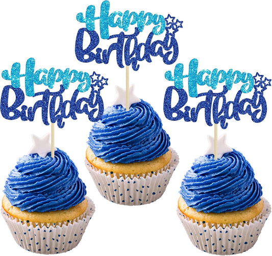 Ephlyn 24Pcs Happy Birthday Cupcake Toppers Double Layer Glitter Happy Birthday Cake Decorations for Baby Shower Theme Kids Boys Girls Birthday Anniversary Party Decorations Supplies Blue