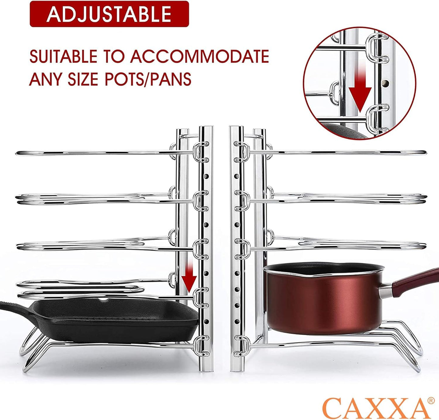 CAXXA Heavy Duty Pan Rack, Pot Lid Rack, Kitchen Cabinet Pantry Cookware Organizer Rack Holder with 5 Adjustable Dividers, Chrome