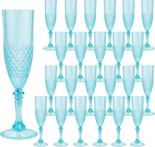 Plastic Champagne Flutes, 24PCS Light Cyan Wine Glasses Goblets Reusable Champagne Flute for Weddings, Bachelor Parties, Toasting, and Events(24,Light Cyan)