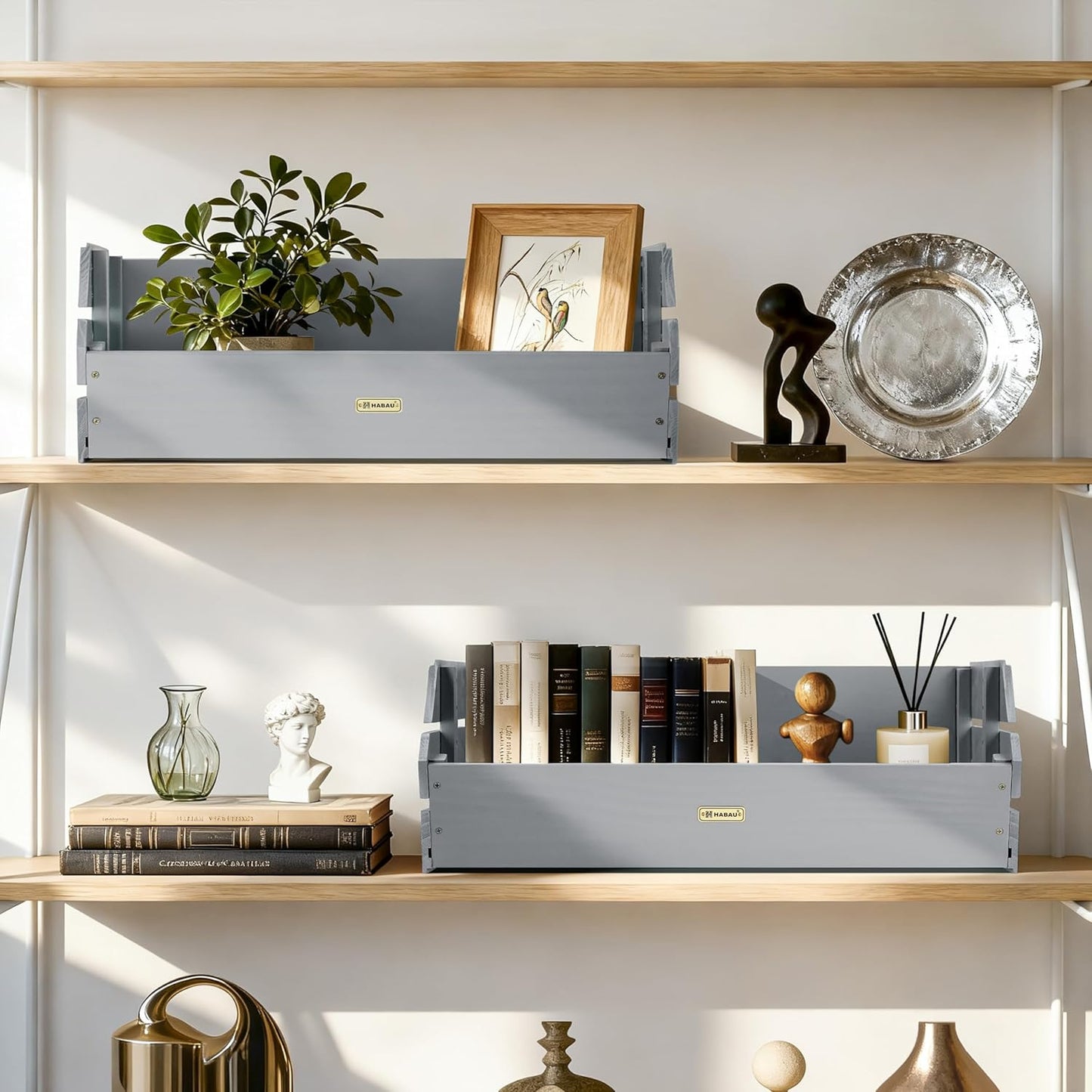 HABAU Wood Potato Onion Storage Bins - Wooden Stackable Produce Basket - Fruit Vegetable Storage for Kitchen Pantry Organization, Set 2 Pieces