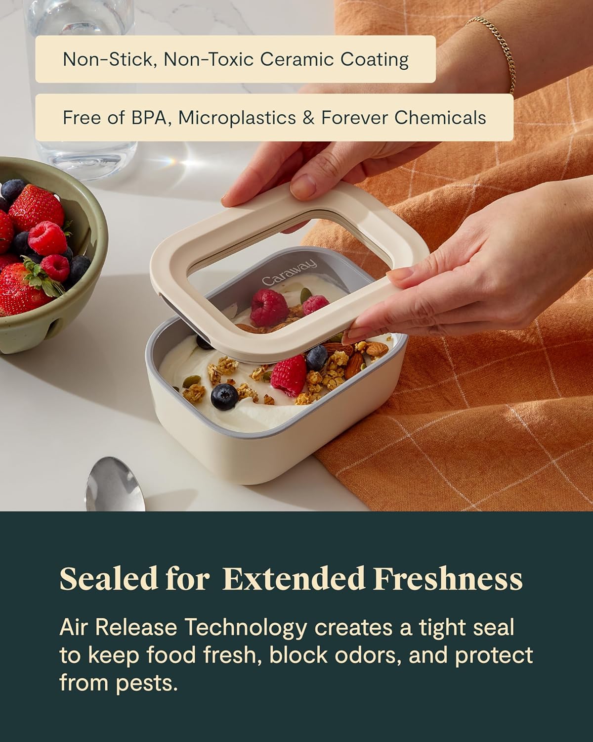 Caraway Mini Rectangle Food Storage Container - 2.6 Cup Glass Storage Container for Food - Non-Toxic Ceramic-Coated Glass - Air Release Technology - Compact & Stackable Design - Mist