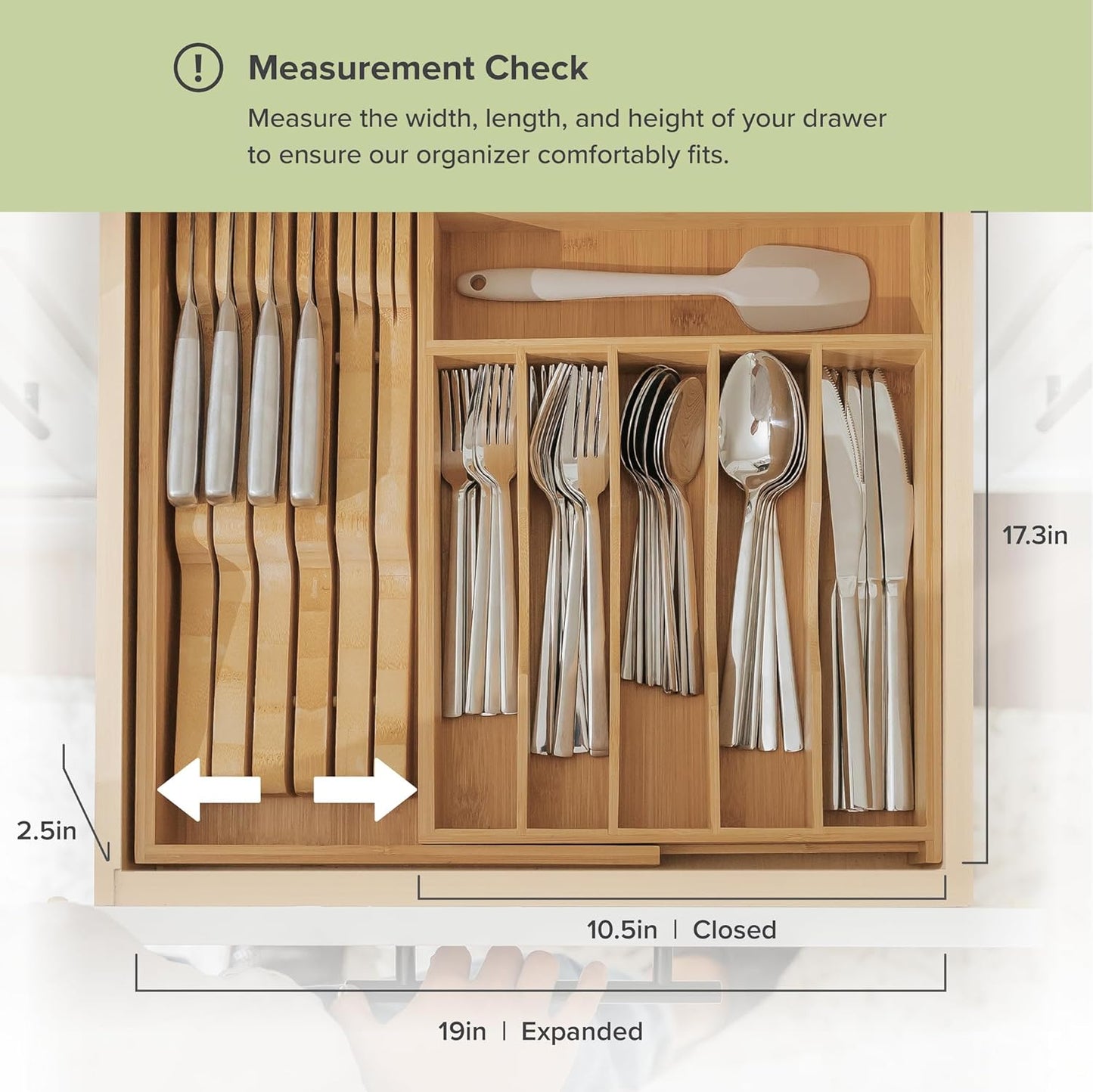 Premium Silverware, Flatware and Utensil Organizer for Kitchen Drawers, Food-Safe Contract Grade, Expandable from 10.5 to 19 In, Natural Bamboo
