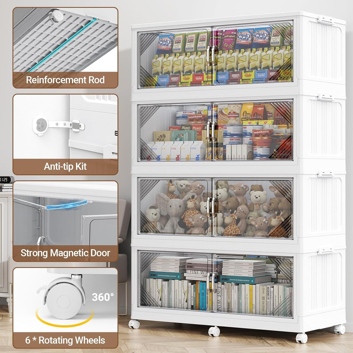 165Gal Plastic Stackable Storage Bins with Lid, 660QT Extra Large Closet Organizers Collapsible Cabinets Boxes With Drawers, Foldable Containers with 6x Wheels for Home Kitchen, V60 3Pack White