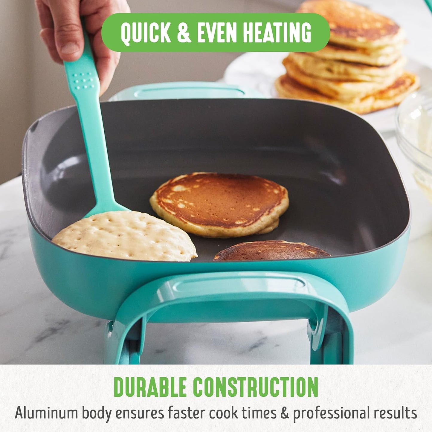 GreenLife 12" 5QT Square Electric Skillet, Glass Vented Lid, Ceramic PFAS-Free Nonstick Interior, Adjustable Temperature Control, Cool Touch Handles, Quick Even Heating, Scratch Resistant, Turquoise