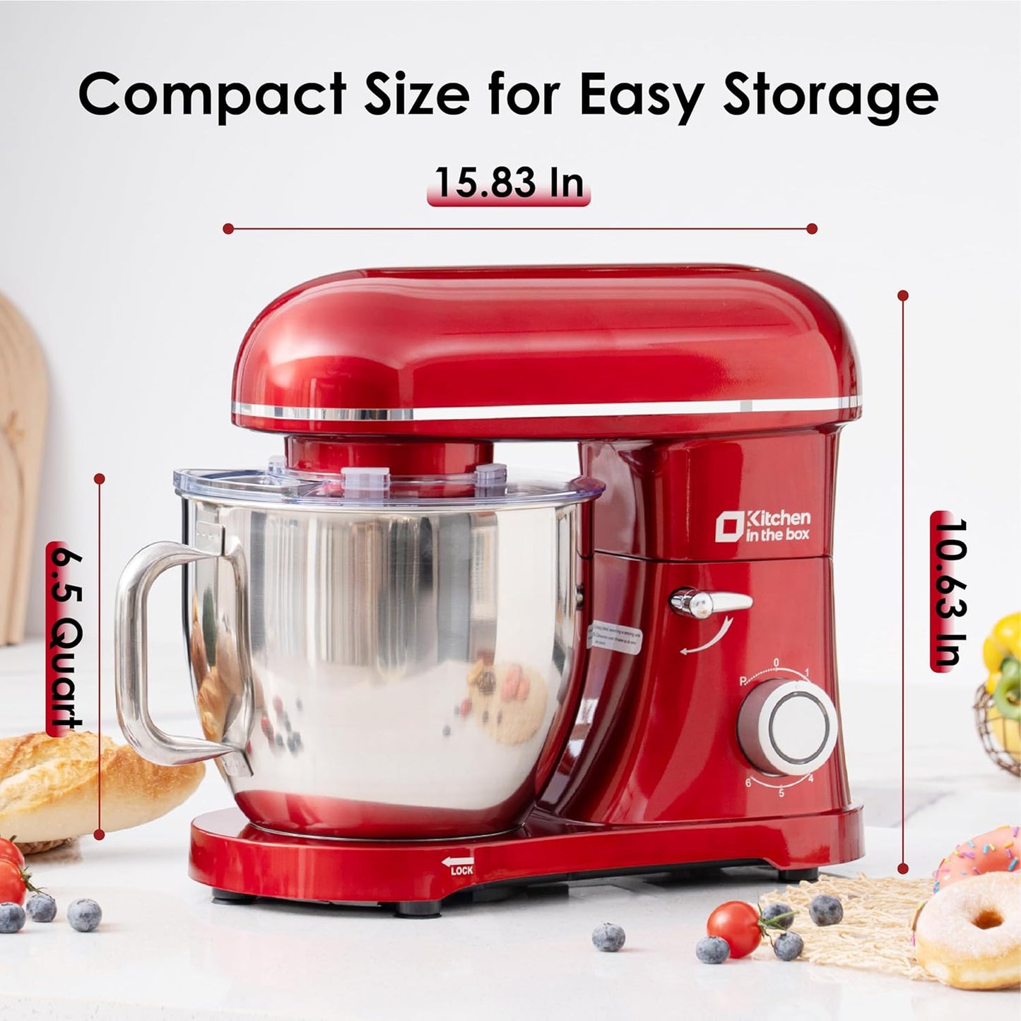Kitchen in the box Stand Mixer - 6.5 Quart Mixing Bowl, 900 Watt Powful Bread Bread Dough Mixers Tilt-head with Dough Hook, Whisk, Flat Beater and Splash Guard (Red)