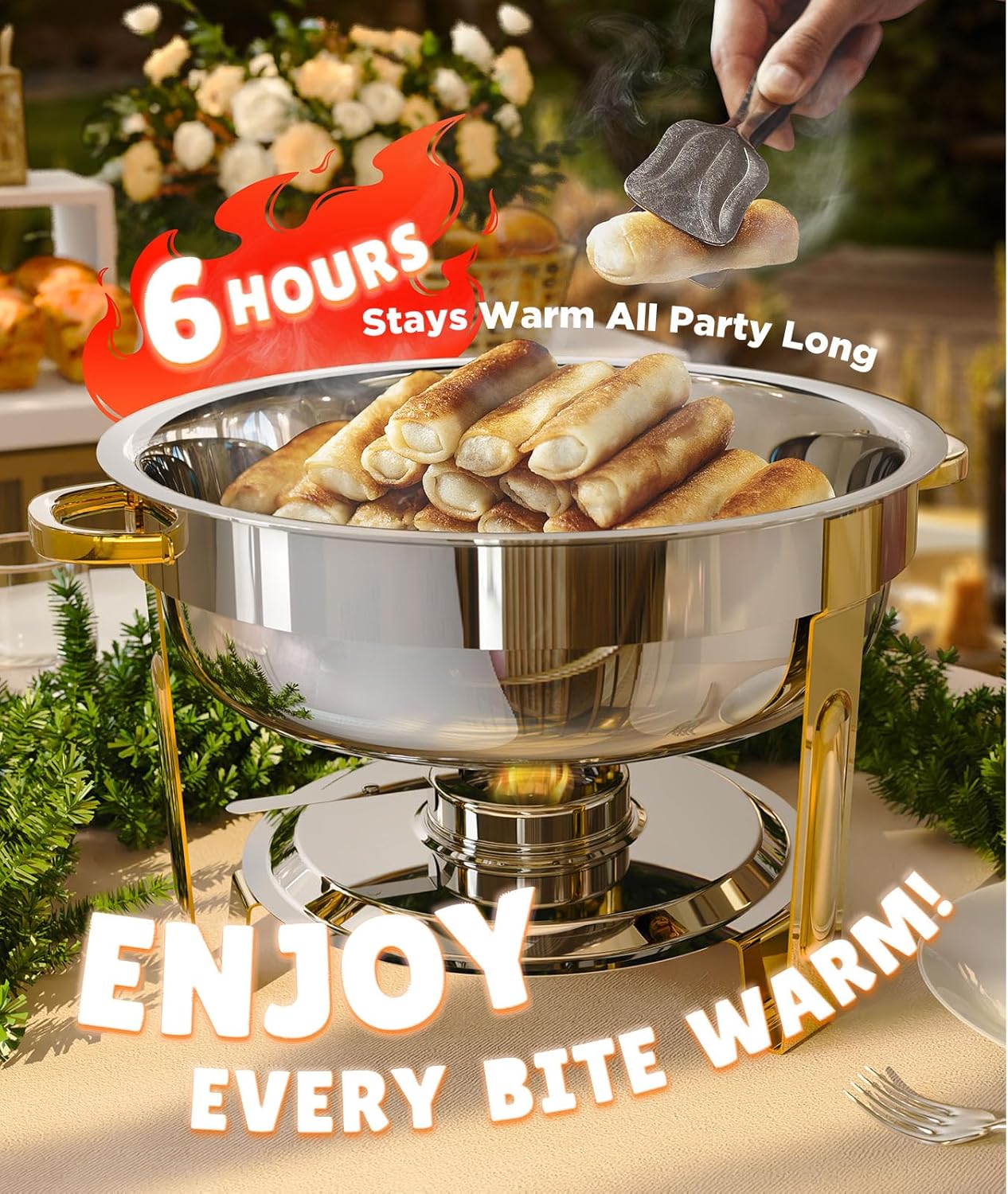 Chafing Dishes for Buffet 4 Pack, 6QT [Worry-Free Assemble] Food Warmers for Parties Buffet [Elegant Gold and Silver Colors] Stainless Steel Round Chafing Dish Buffet Set with Complete Set