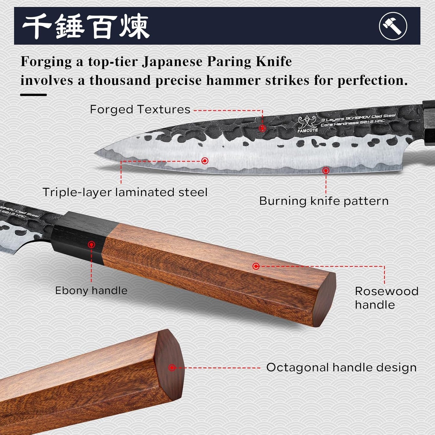5 inch Japanese Paring Knife, Hand Forged 5 Layer 9CR18MOV Clad Steel Professional Kitchen Small Knife With Rosewood Handle As a Warm and Beautiful Gifts for Mom/Dad